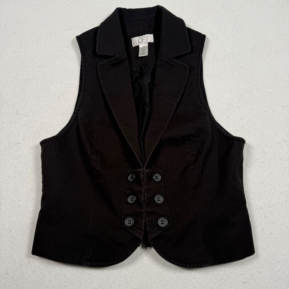 Ann Taylor Loft Womens Black Pinstripe Waistcoat Vest Size 4 Button Front Cinch